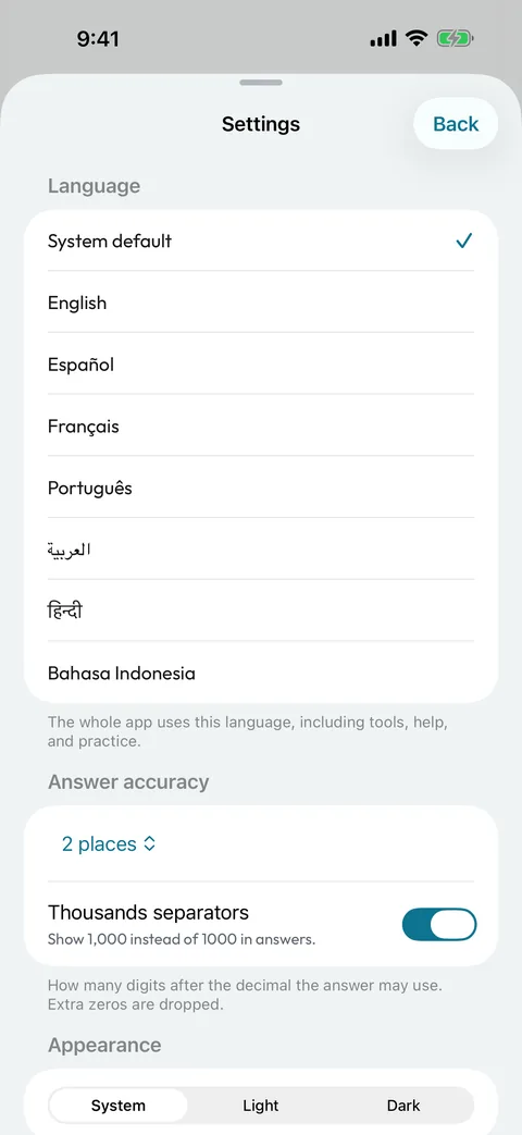 Settings for language, decimals, theme, sounds, and haptics